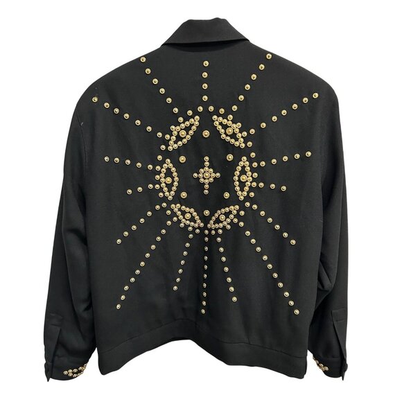 Deborah Laws Black Studded Jacket Decorative Gold Buttons Front Zip Sz Medium - Picture 1 of 9